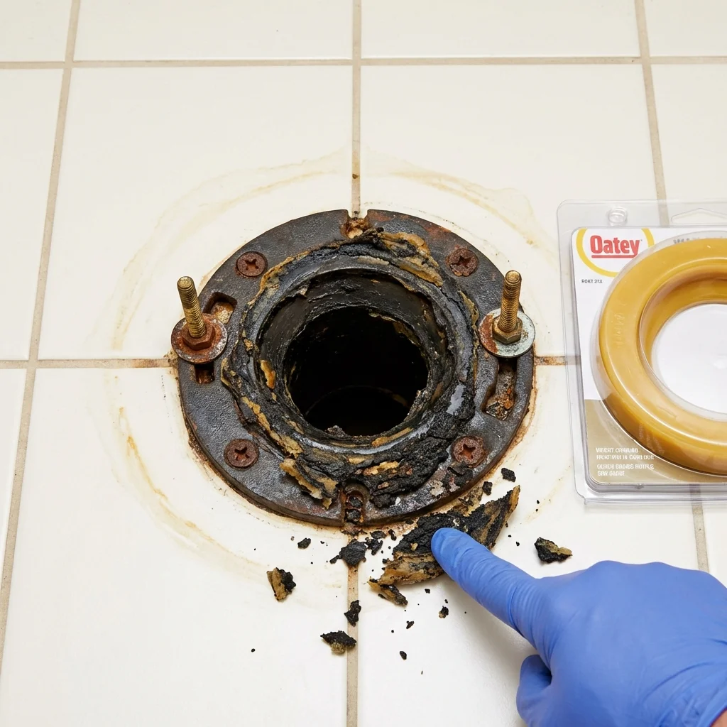 Failed wax ring showing water seepage at the base of a toilet in a Middletown, CA home